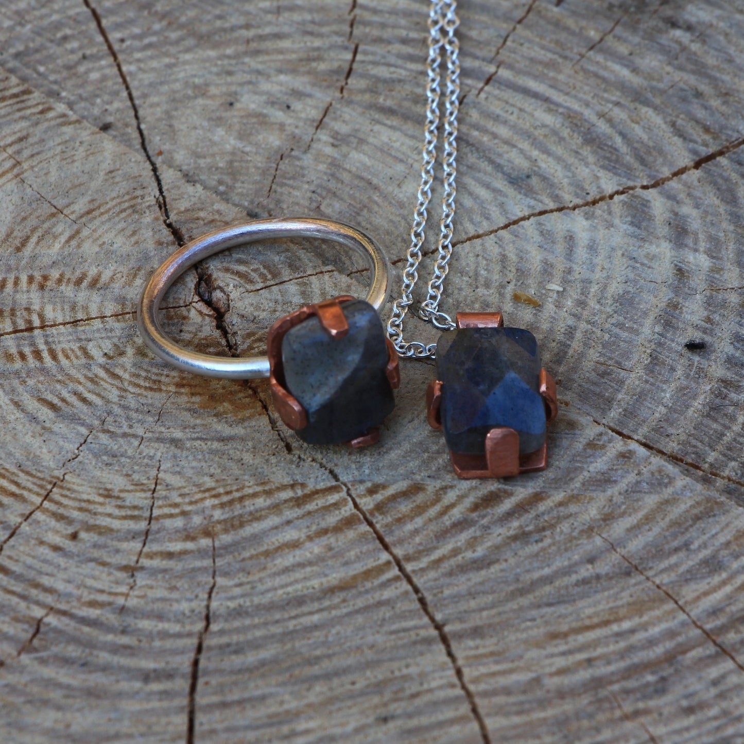 Labradorite Cabochon Pendant. Labradorite Necklace in Copper Claw Bezel on Sterling Silver Chain. Copper Necklace