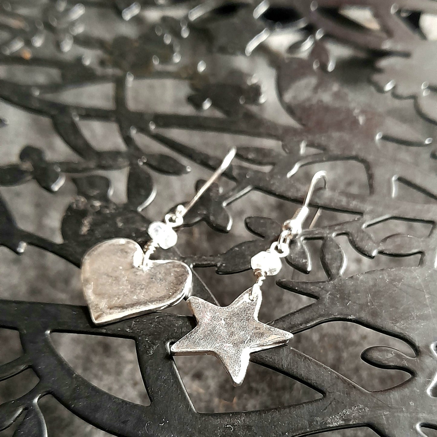 Silver Heart and Star Dangle Earrings