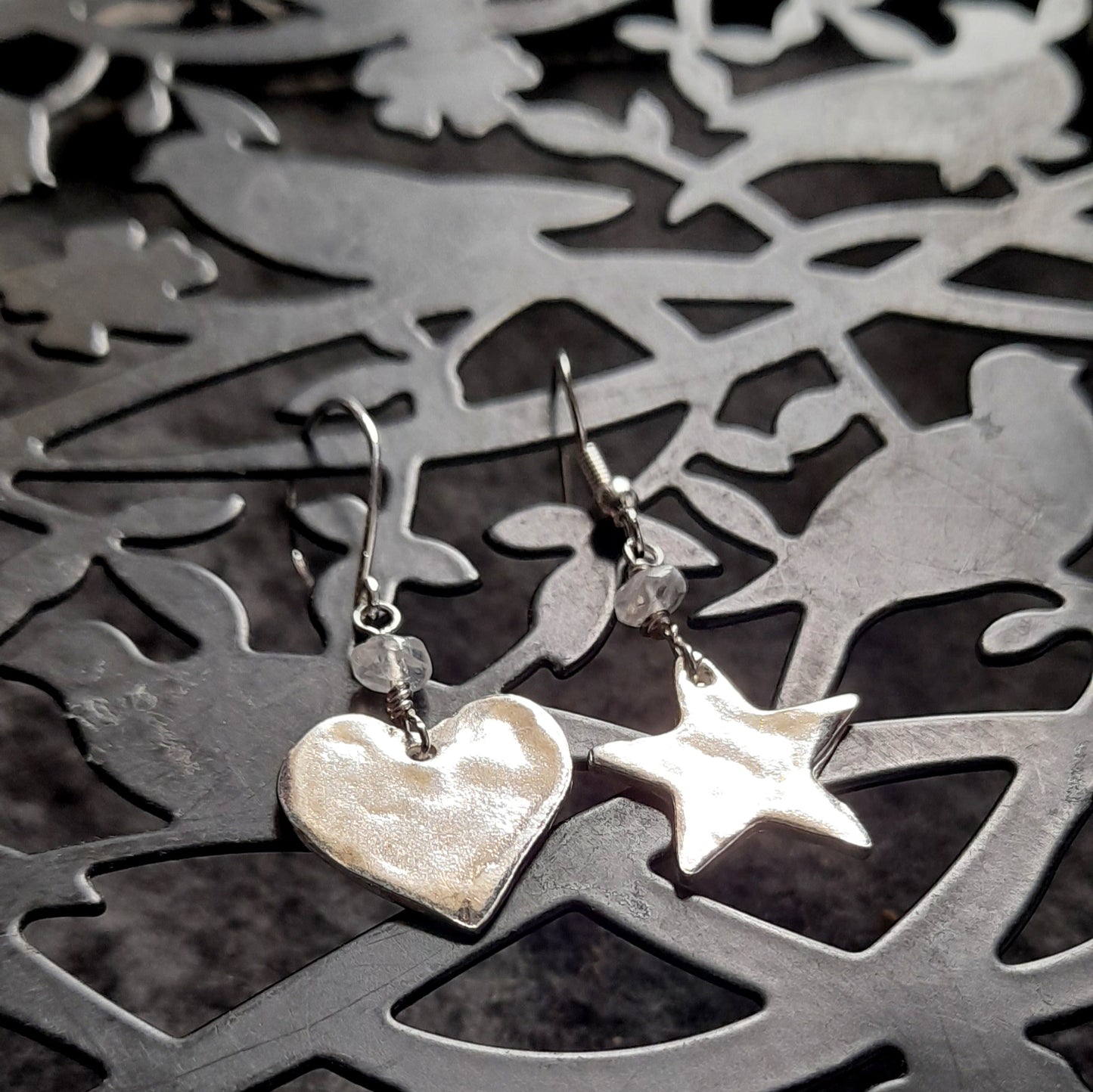 Silver Heart and Star Dangle Earrings