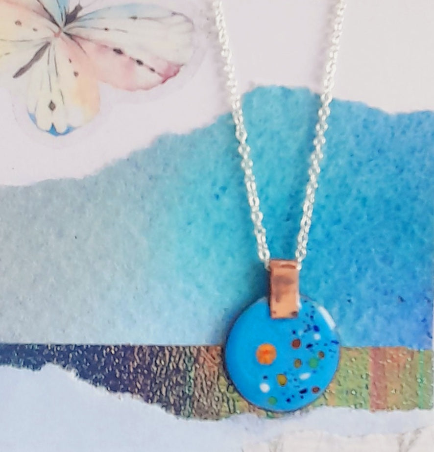 Colourful Enamel Round Pendant. Handmade Round Enamel Necklace.