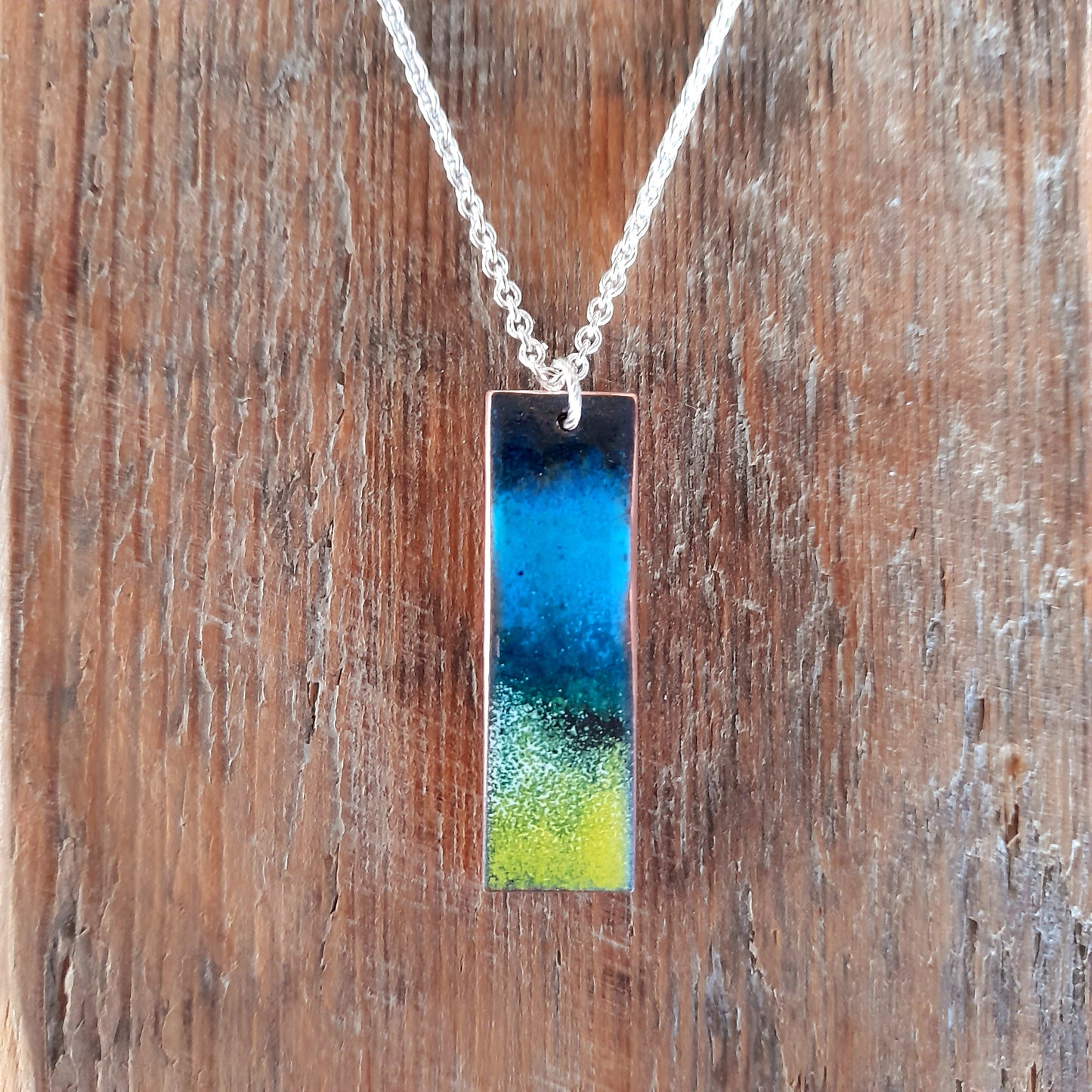 Handmade Yellow and Blue Enamel Copper Necklace. Sand, Sky and Sea Themed Necklace.