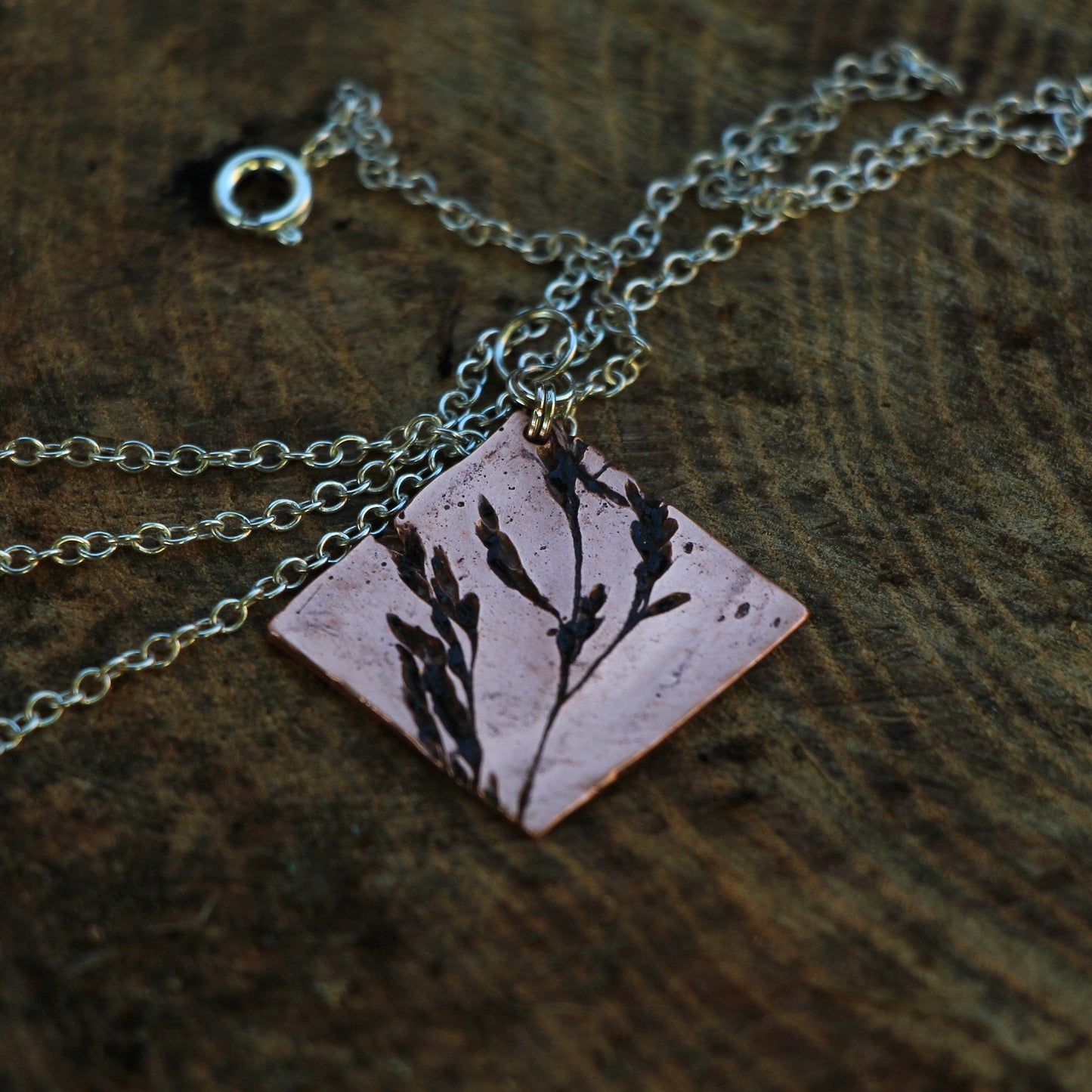Summer Grasses Copper Pendant. Quirky Copper Necklace. Square Pendants.