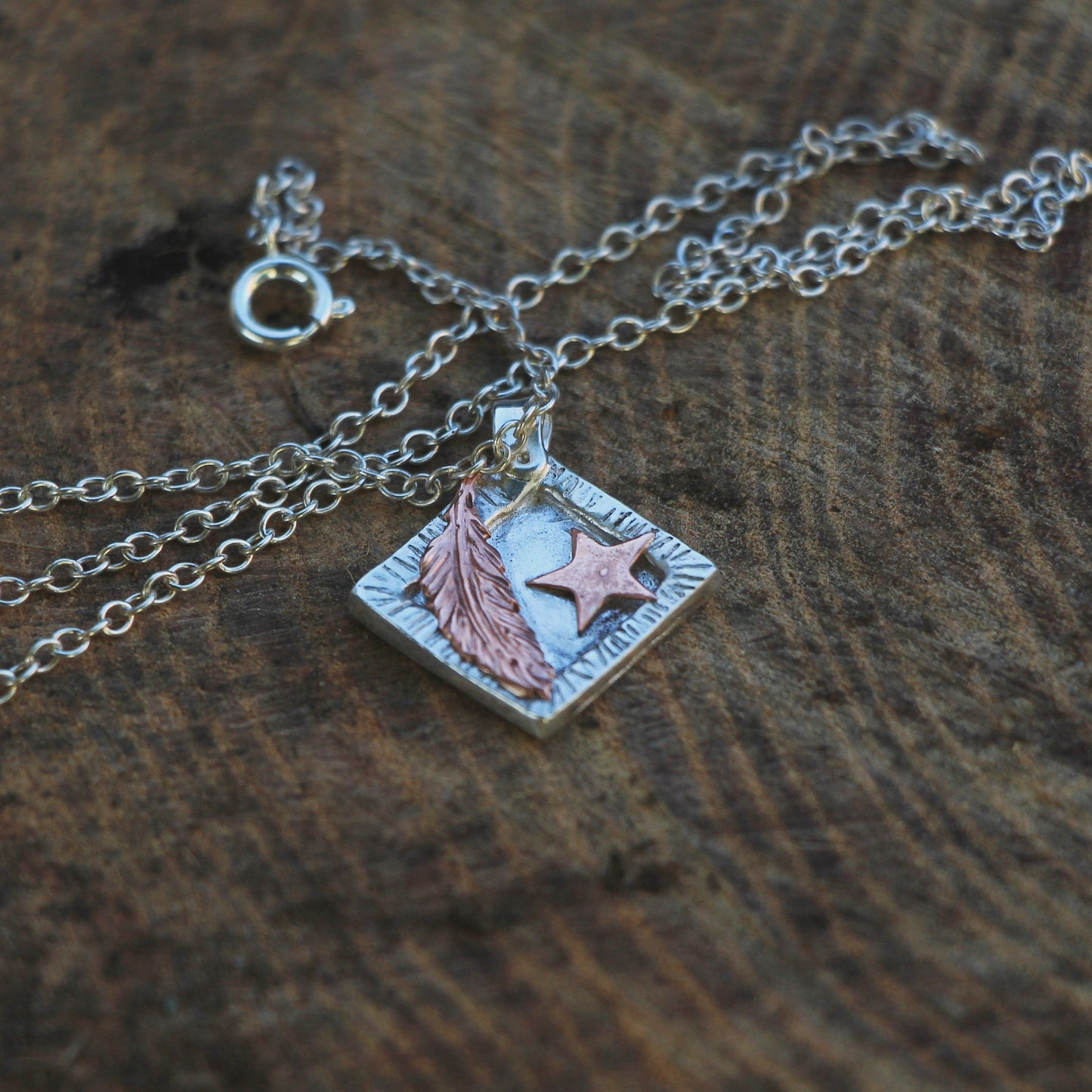 Silver and Copper Feather and Star Necklace. Copper Feather Pendant.