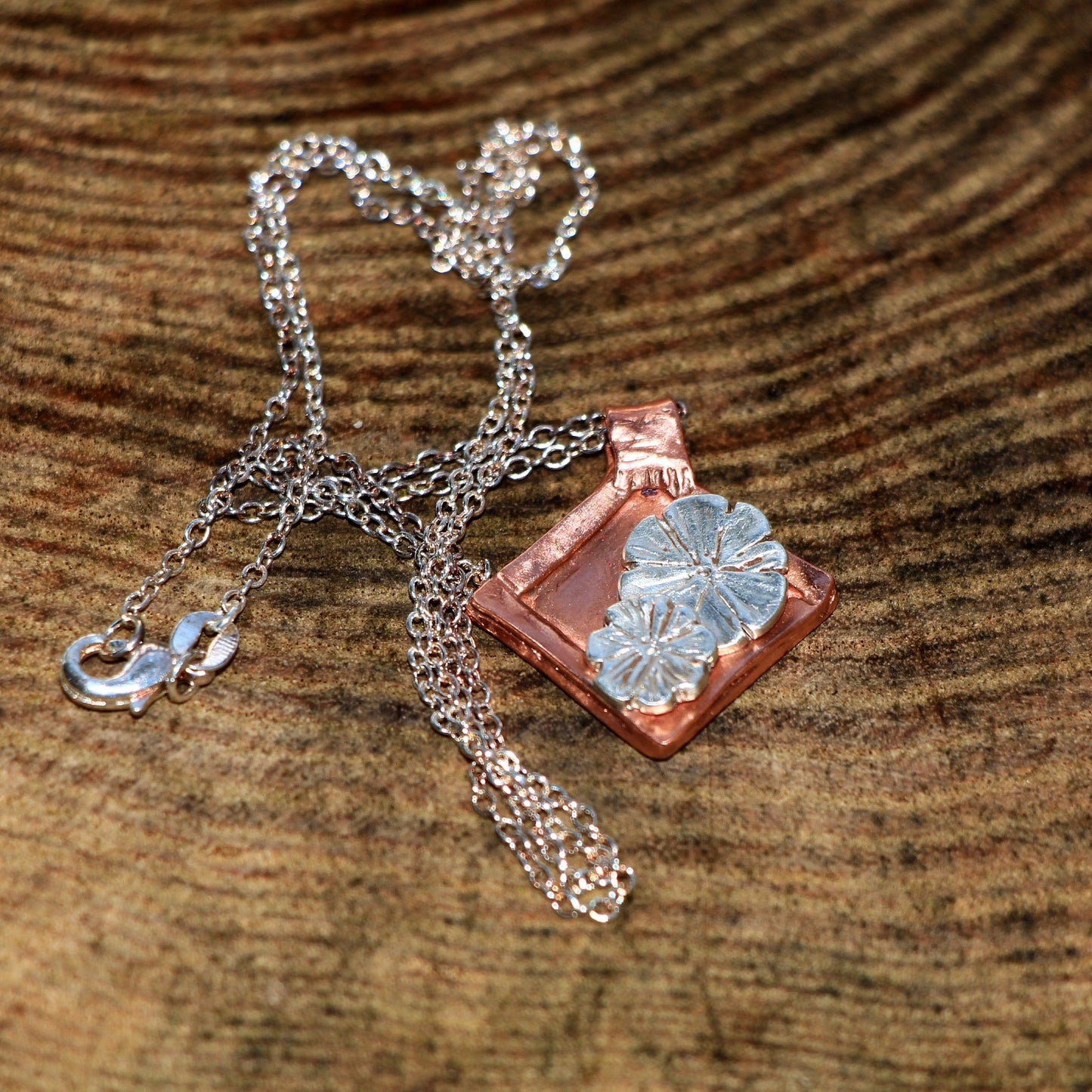 Copper and Silver Flower Pendant. Handmade Copper and Silver Flower Necklace. Copper Anniversary Gift Idea
