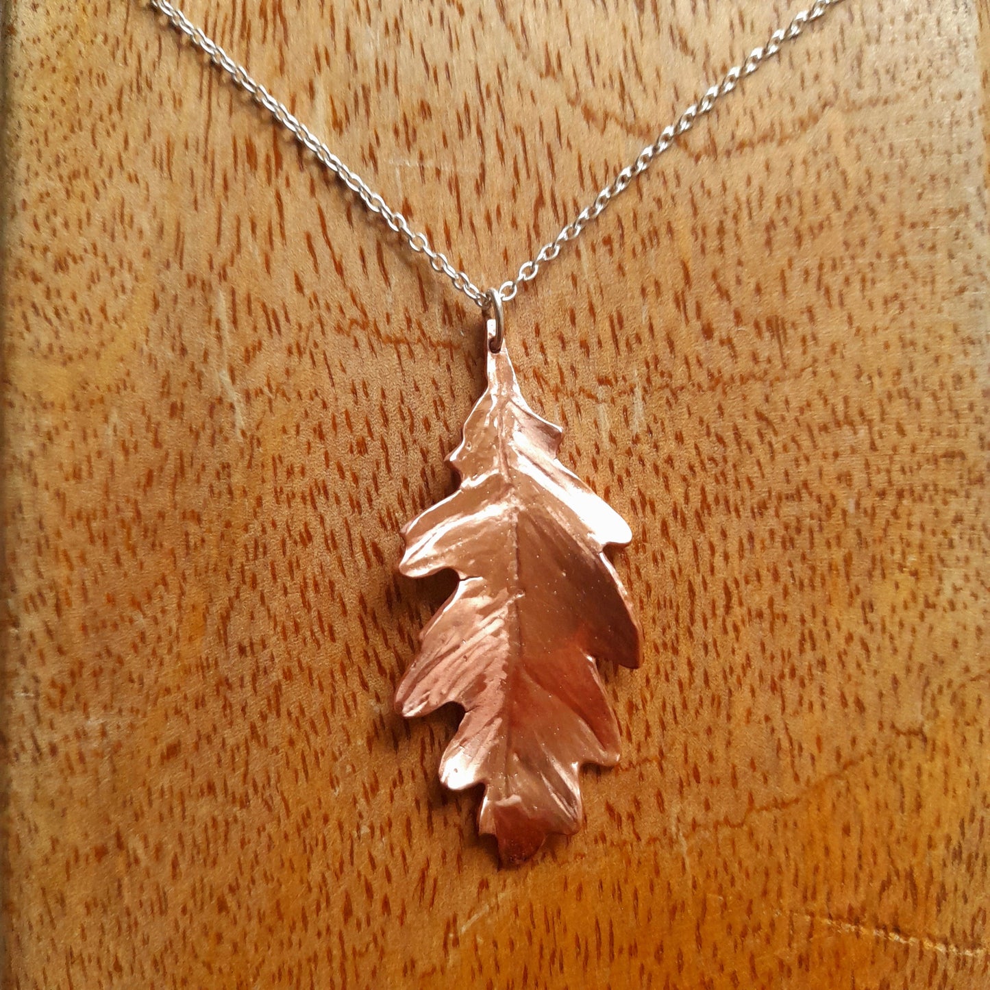 Handmade Copper Oak Leaf Necklace. Autumn Leaf Pendant on Silver Chain