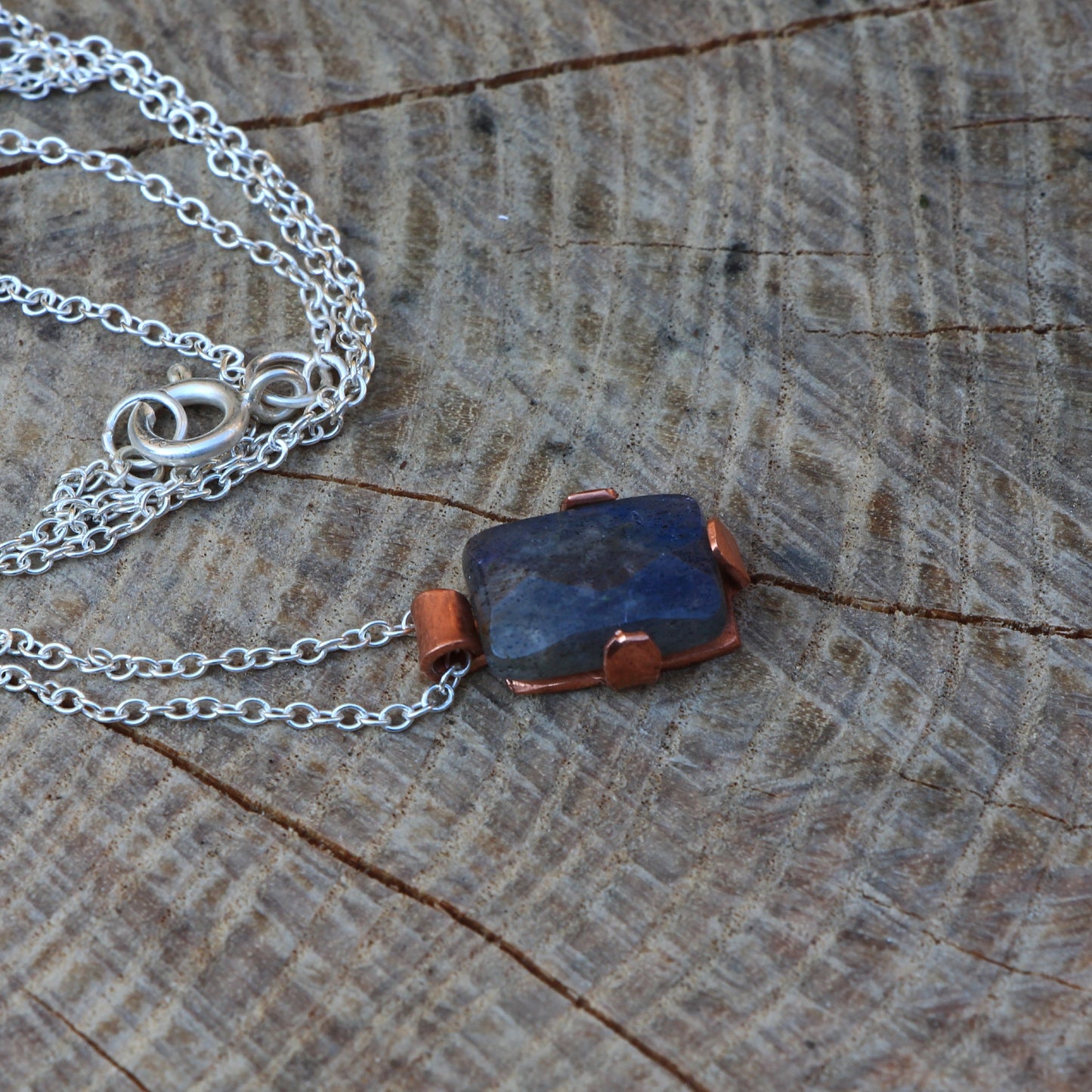 Labradorite Cabochon Pendant. Labradorite Necklace in Copper Claw Bezel on Sterling Silver Chain. Copper Necklace