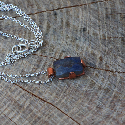 Labradorite Cabochon Pendant. Labradorite Necklace in Copper Claw Bezel on Sterling Silver Chain. Copper Necklace