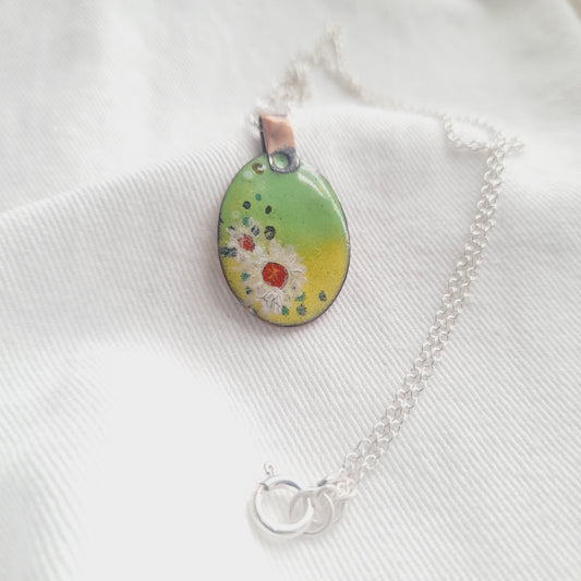 Yellow and Green Oval Floral Necklace. Enamel Pendant Necklace. Colourful Enamel Necklace.