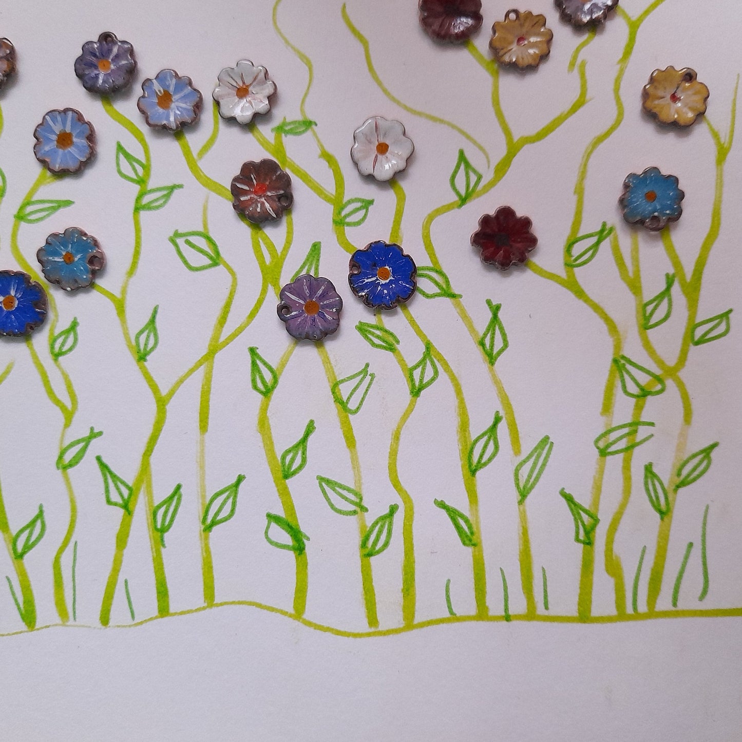 Handmade Enamel Flower Dangle Earrings