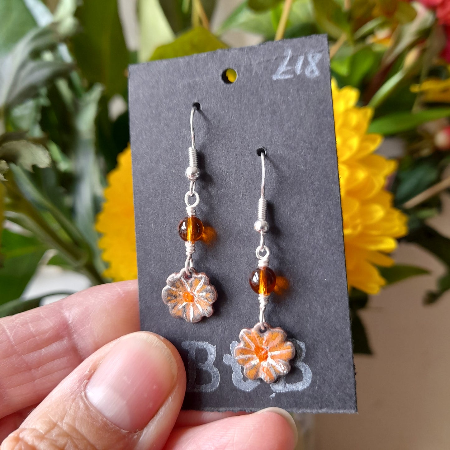 Handmade Enamel Flower Dangle Earrings