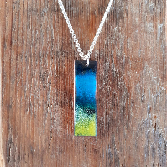 Handmade Yellow and Blue  Enamel Copper Necklace. Sand, Sky and Sea Themed Necklace.