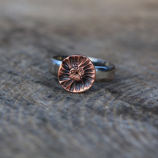 Ring. Contemporary Ring in Copper and Silver Ring. Flower Design . Ladies Silver and Copper flower Ring.