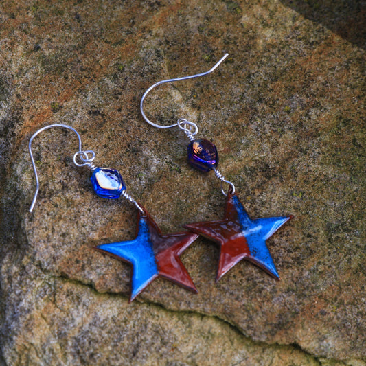 Star Drop Earrings. Colourful Star Dangle Earrings. Silver and Copper Earrings
