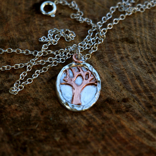 Silver and Copper Tree Necklace. Tree Pendant.