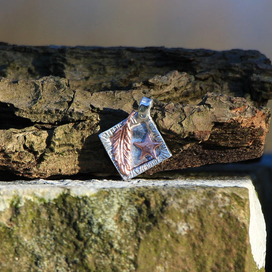 Silver and Copper Feather and Star Necklace. Copper Feather Pendant.
