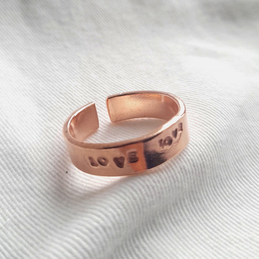 Chunky Pure Copper Adjustable Ring. Embossed "Love" Ring. Personalised Keepsake Ring.